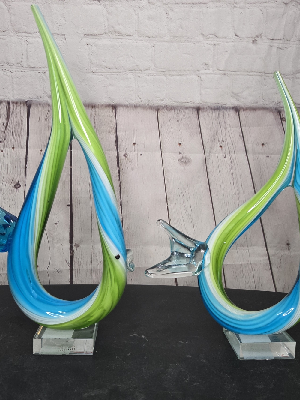 Vtg Pair Hand Blown Murano Glass Fish Sculptures Blue Green Sommerso Italy